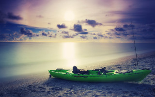 Green boat fishing man dusk - a fishing rod free wallpaper