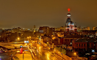 City night tower streetlight bridge - naive art free wallpaper for desktop