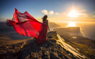 Woman red dress mountain sunset - a mountain top free wallpaper