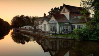 Riverhouse forest hillside sunset boat - alexander brook free wallpaper