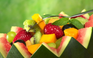 Fruit salad fork green background - arcimboldo free wallpaper
