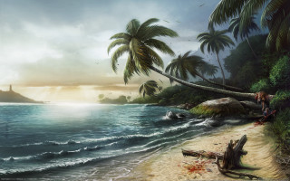 Beach palm lighthouse boat sunset - a painting of a beach free wallpaper