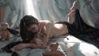 Woman bed dog cat fantasy - bayard wu free wallpaper