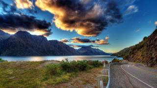 Mountain lake road cloudy sky 3 - scenic free wallpaper