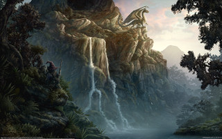 Waterfall dragon man horse fantasy 2 - christophe vacher free wallpaper
