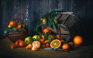 Oranges knife basket wine stilllife - a bottle of wine free wallpaper