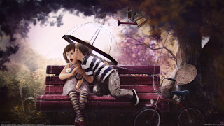 Woman umbrella bike tree rain - a bench holding free wallpaper