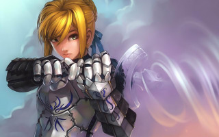 Artoria armor sword sky blonde - a woman in armor holding free wallpaper