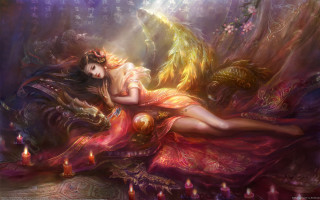 Woman red dress bed dragon 2 - dragon art free wallpaper