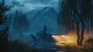 Man rainy road dog mountain - a matte painting free wallpaper