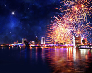 Fireworks city night bridge river 3 - city background free wallpaper