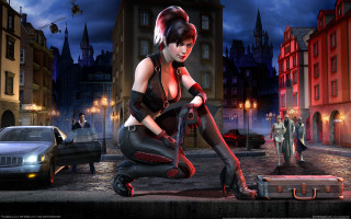 Woman red black outfit kneeling 2 - outfit free wallpaper