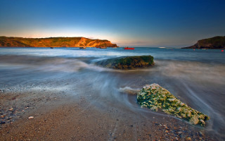 Rock water boat sunset landscape 2 - impressionist free wallpaper