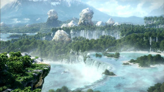 River mountain waterfall scenic photorealism - a waterfall in the foreground free wallpaper