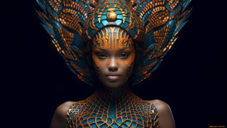 Woman blue gold body art - a large bird free wallpaper