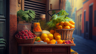 Basket fruit vegetables outdoor painting - a window in the background free wallpaper
