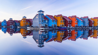 Houses water clock tower symmetry - perfect symmetry free wallpaper