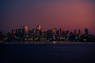 Cityscape night redsky boat water - everett warner free wallpaper