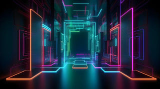 Neon hallway door open holography - a door open free wallpaper
