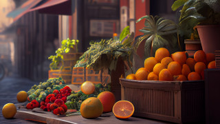 Fruit basket table outdoor photorealism - outside free wallpaper