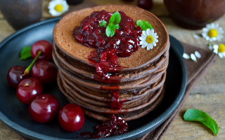 Pancakes cherry jam flowers leaves - top of them free wallpaper
