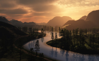 River forest mountains sunset city - a lush green forest under a cloudy sky free wallpaper