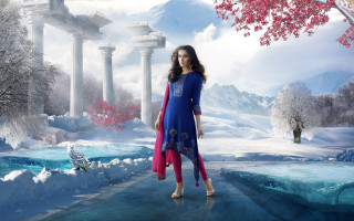 Woman blue dress snowy landscape - a snowy landscape free wallpaper