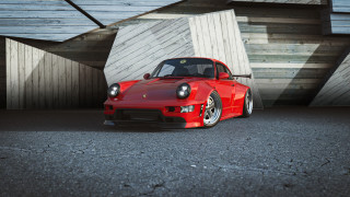 Red sports car wooden wall - free 3d render wallpaper