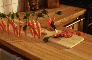 Cuttingboard carrots knife faces 3d - ultra realistic digital art free wallpaper