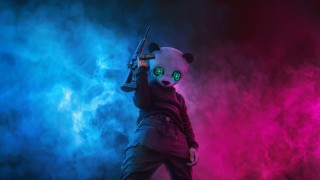 Panda suit gun cyberpunk synthwave - synthwave style free wallpaper