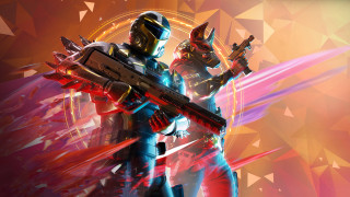 Couple holding guns triangles red - dom qwek free wallpaper