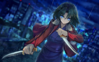Woman knife rain city night - a cityscape in the background free wallpaper