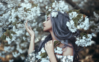 Woman long hair flower tree - elsa bleda free wallpaper
