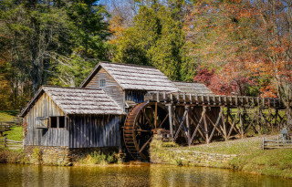 Water mill autumn bridge architecture - leaf free wallpaper