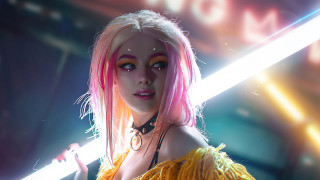 Pink haired woman sword neon - a neon light behind her free wallpaper