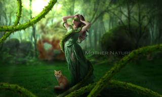 Woman green dress forest fox - a fox free wallpaper