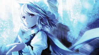 Woman long white hair blue 2 - her hand and a building in the background free wallpaper