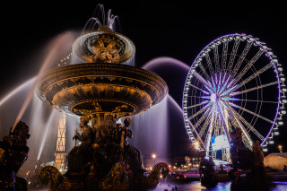 Ferris wheel fountain night cityscape - impressionist free wallpaper