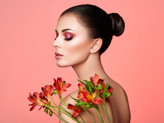 Woman flowers hair pink background - flower free wallpaper