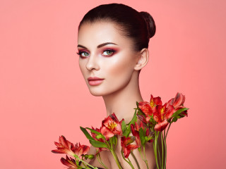 Woman flowers pink background portrait - a womans face free wallpaper