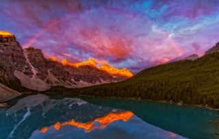 Lake mountains rainbow sky forest - colorful cloud free wallpaper