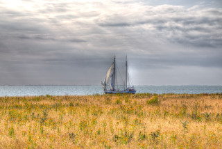 Sailboat cloudy day tall grass - impressionist free wallpaper