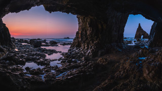 Cave sunset water rocks forest - a cave free wallpaper
