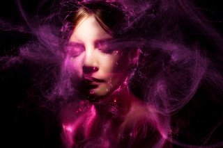 Woman blowing hair pink smoke - the wind free wallpaper