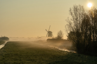 Windmill foggy field stream impressionist - mist free wallpaper