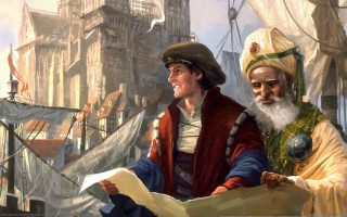 Pirate men map cityscape castle - a painting free wallpaper