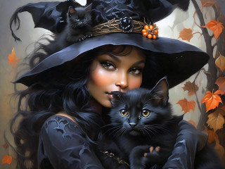 Witch hat black cat autumn - dark fantasy art free wallpaper