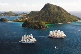 Sailboats ocean island mountain tiltshift - regionalism free wallpaper