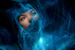 Blue hair glowing hologram face - cedric peyravernay free wallpaper