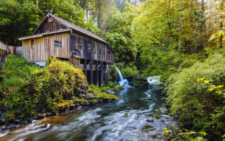 Wooden building river forest city - an impressionist painting free wallpaper for desktop